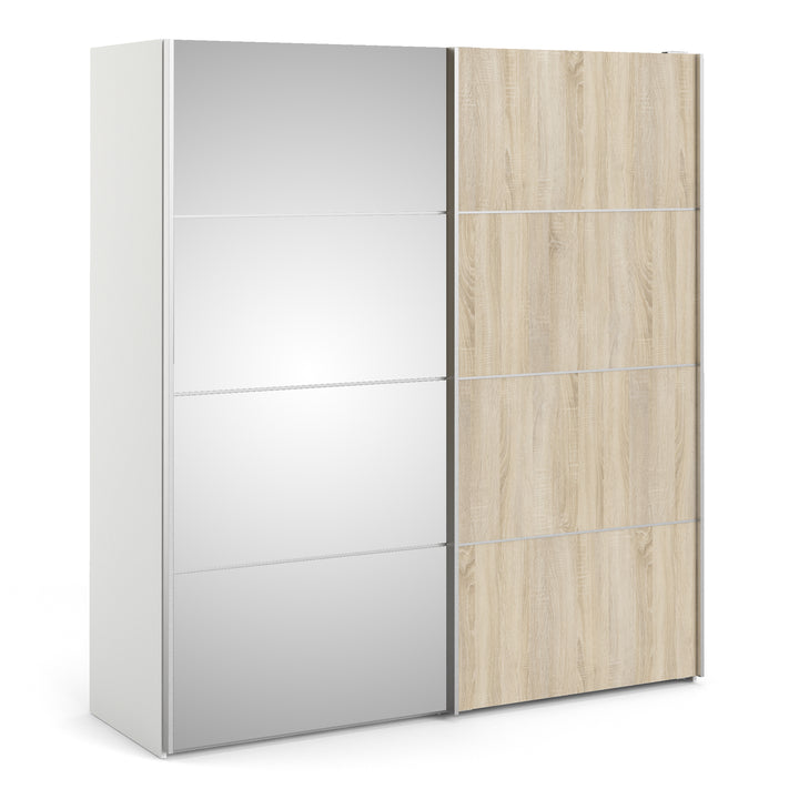 Verona Sliding Wardrobe 180cm in White with Oak and Mirror Doors with 2 Shelves - TidySpaces