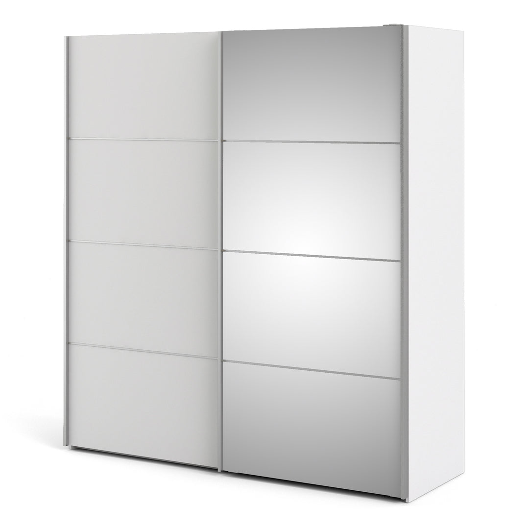 Verona Sliding Wardrobe 180cm in White with White and Mirror Doors with 5 Shelves - TidySpaces