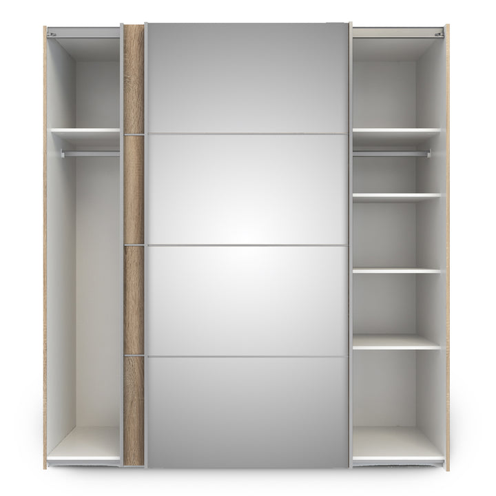 Verona Sliding Wardrobe 180cm in Oak with Oak and Mirror Doors with 5 Shelves - TidySpaces