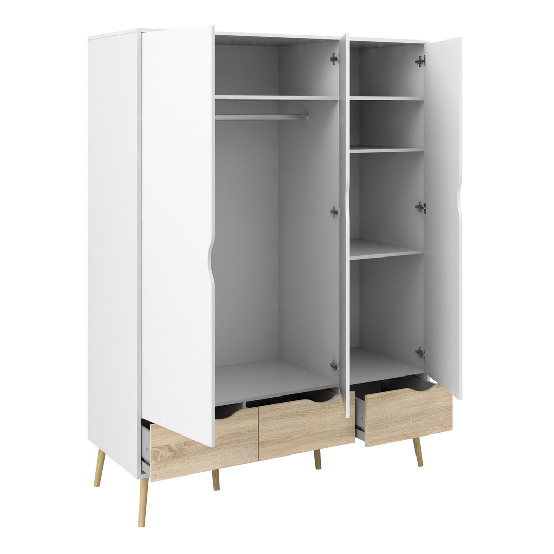 Oslo Wardrobe 3 Doors 3 Drawers in White and Oak - TidySpaces