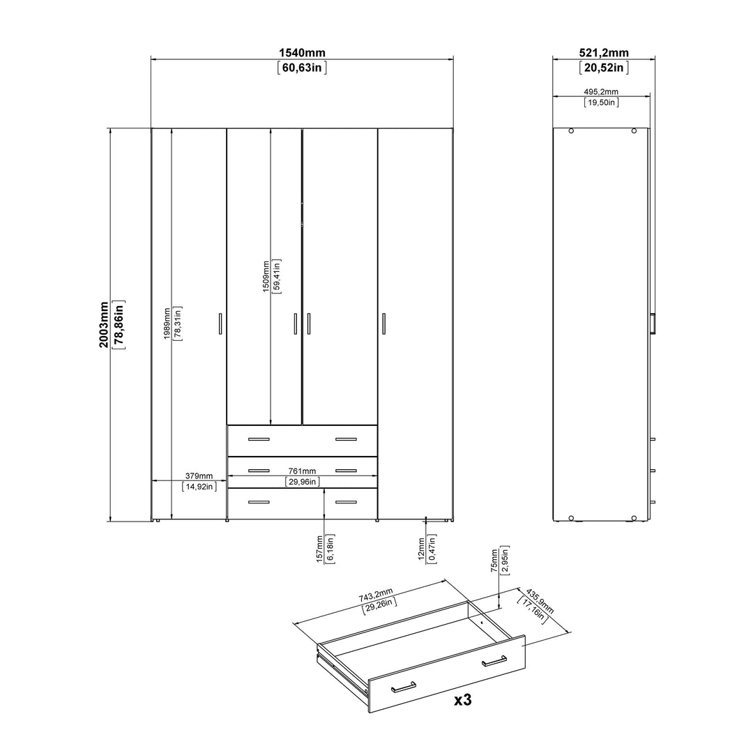 Space Wardrobe - 4 Doors 3 Drawers in White 2000 - TidySpaces