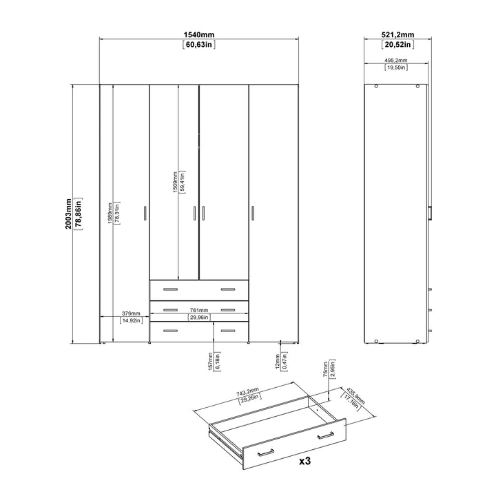 Space Wardrobe - 4 Doors 3 Drawers in White 2000 - TidySpaces