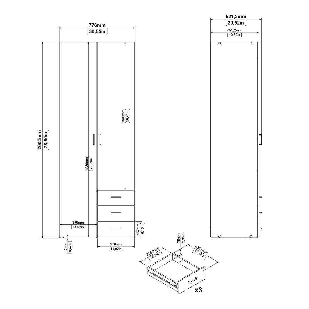 Space Wardrobe - 2 Doors 3 Drawers in White 2000 - TidySpaces