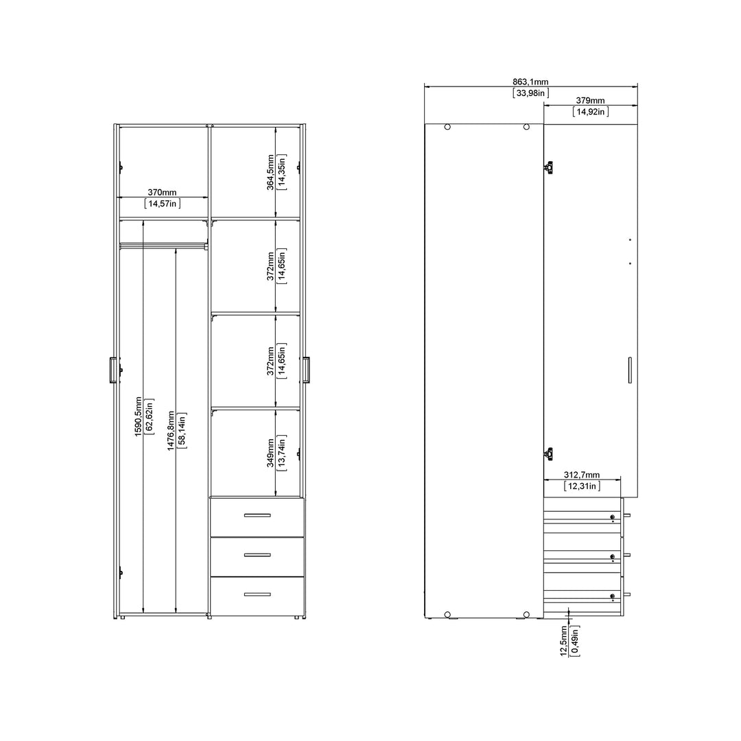 Space Wardrobe - 2 Doors 3 Drawers in White 2000 - TidySpaces