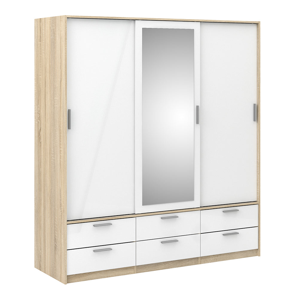 Line Wardrobe - 3 Doors 6 Drawers in Oak with White High Gloss - TidySpaces