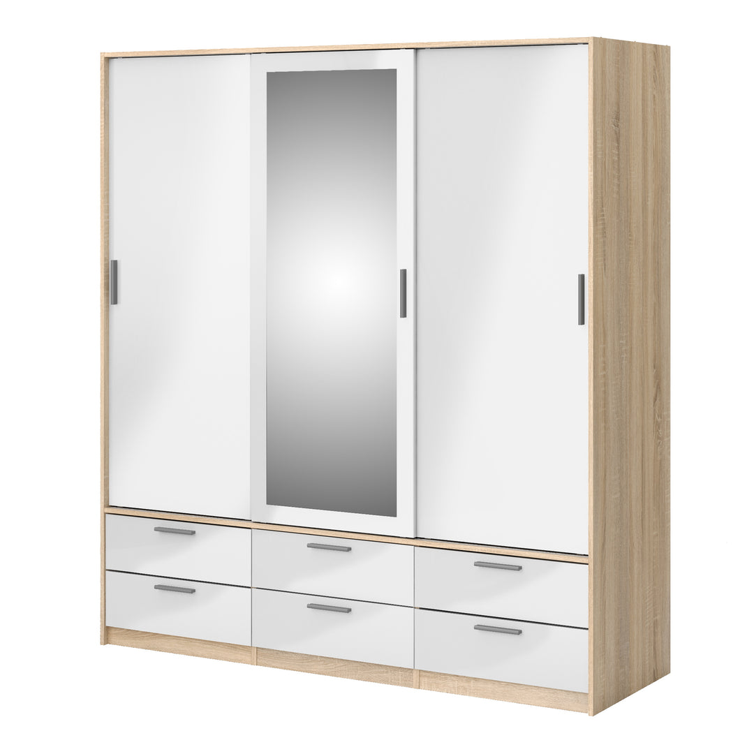 Line Wardrobe - 3 Doors 6 Drawers in Oak with White High Gloss - TidySpaces