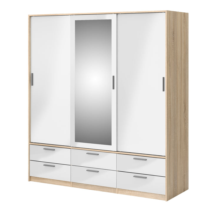 Line Wardrobe - 3 Doors 6 Drawers in Oak with White High Gloss - TidySpaces