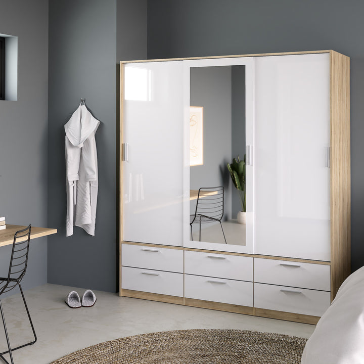 Line Wardrobe - 3 Doors 6 Drawers in Oak with White High Gloss - TidySpaces