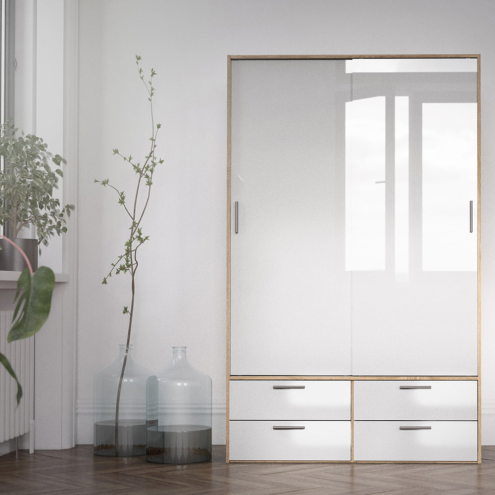 Line Wardrobe - 2 Doors 4 Drawers in Oak with White High Gloss - TidySpaces