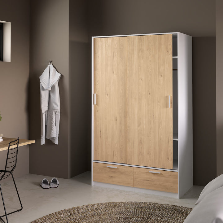 Line Wardrobe with 2 Doors + 2 Drawers in White and Jackson Hickory Oak - TidySpaces