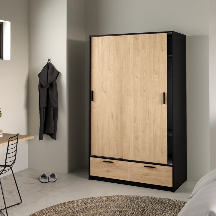 Line Wardrobe with 2 Doors + 2 Drawers in Black and Jackson Hickory Oak - TidySpaces