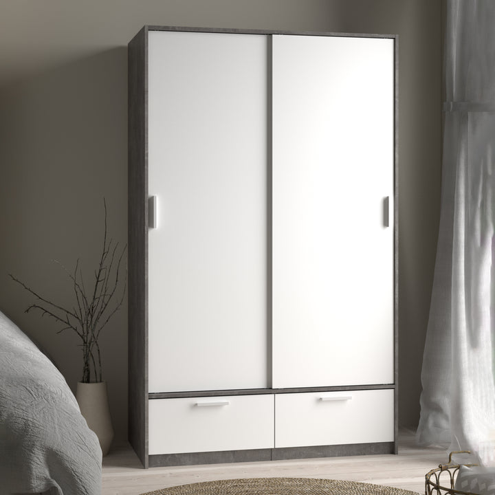 Line Wardrobe with 2 Doors + 2 Drawers in White and Concrete - TidySpaces