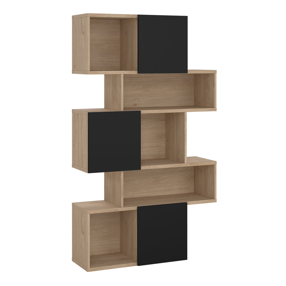 Maze Asymmetrical Bookcase with 3 Doors in Jackson Hickory and Black - TidySpaces