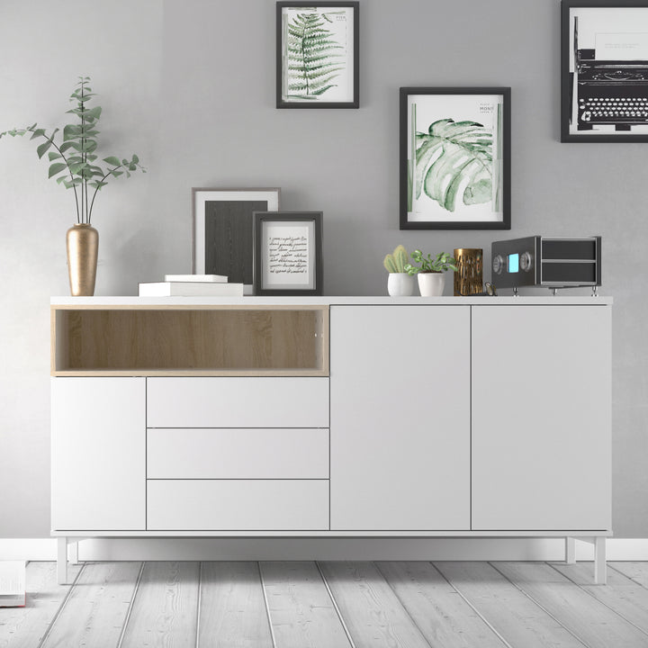 Sideboard 3 Drawers 3 Doors in White and Oak - TidySpaces