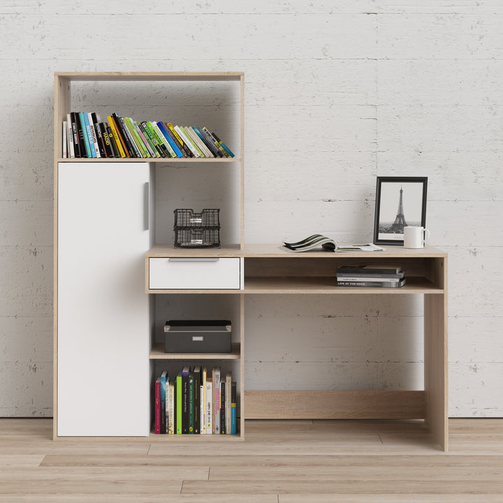 Function Plus Desk multi-functional Desk with Drawer and 1 Door in White and Oak - TidySpaces