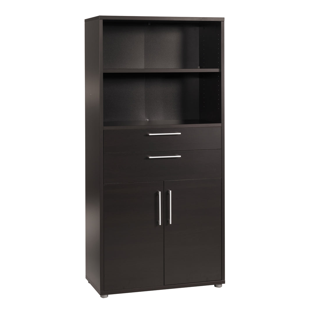 Prima Bookcase 3 Shelves With 2 Drawers And 2 Doors In Black Woodgrain - TidySpaces