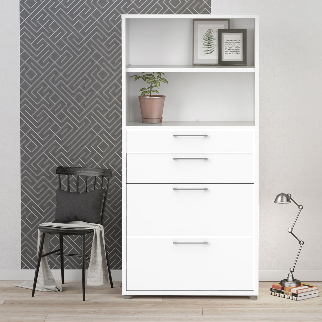 Prima Bookcase 1 Shelf With 2 Drawers + 2 File Drawers In White - TidySpaces
