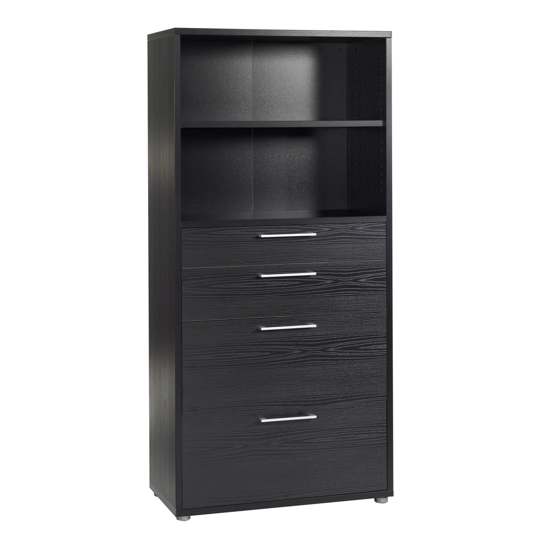 Prima Bookcase 1 Shelf With 2 Drawers + 2 File Drawers In Black Woodgrain - TidySpaces