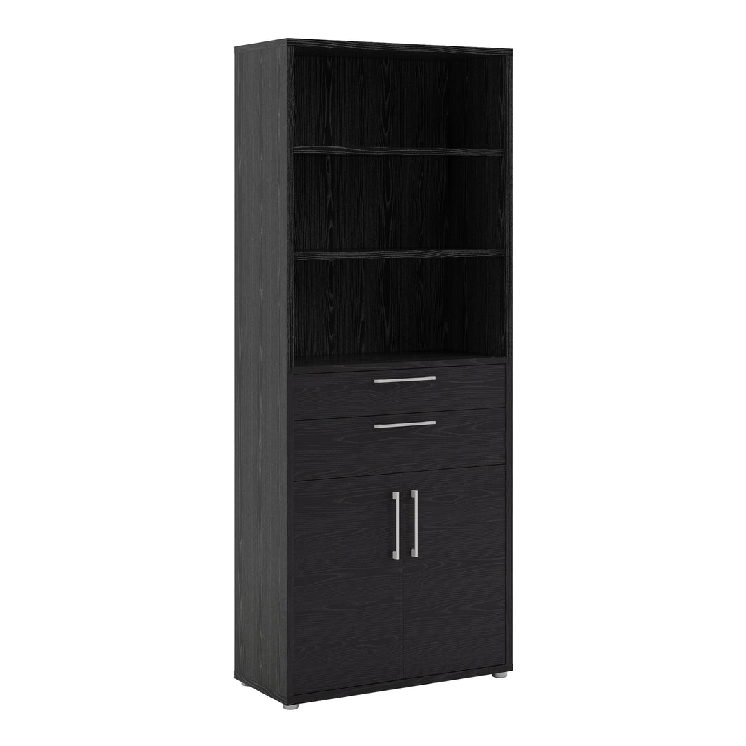 Prima Bookcase 2 Shelves With 2 Drawers And 2 Doors In Black Woodgrain - TidySpaces