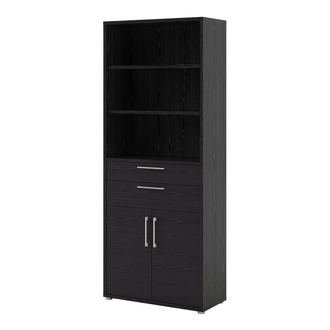 Prima Bookcase 2 Shelves With 2 Drawers And 2 Doors In Black Woodgrain - TidySpaces