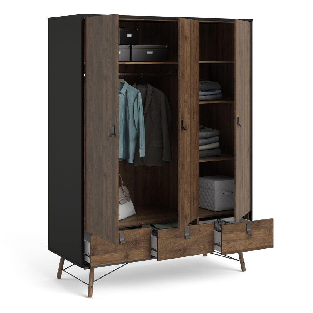 Ry Wardrobe 3 doors + 3 drawers in Matt Black Walnut - TidySpaces