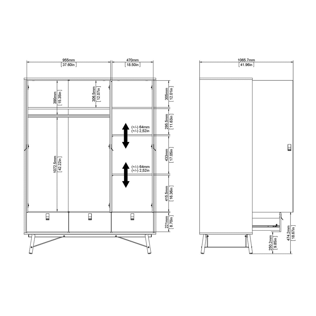 Ry Wardrobe 3 Doors + 3 Drawers in Jackson Hickory Oak - TidySpaces