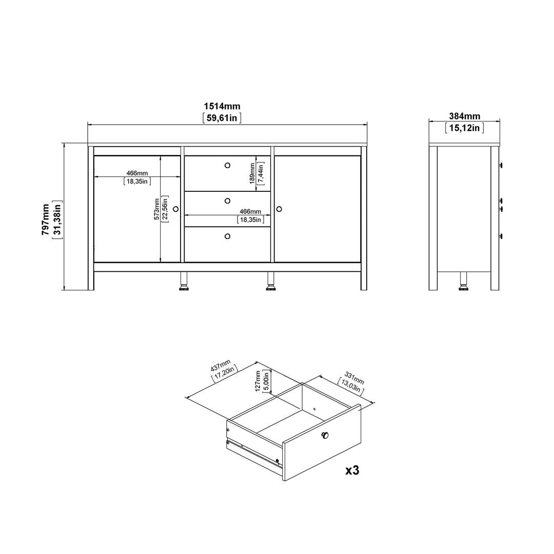 Barcelona Sideboard 2 doors + 3 drawers  in Matt Black - TidySpaces