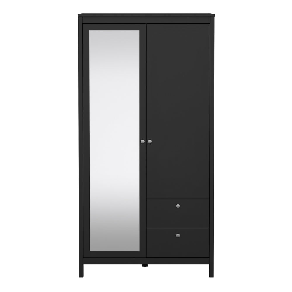 Madrid Wardrobe with 1 door + 1 mirror door + 2 drawers Matt Black - TidySpaces