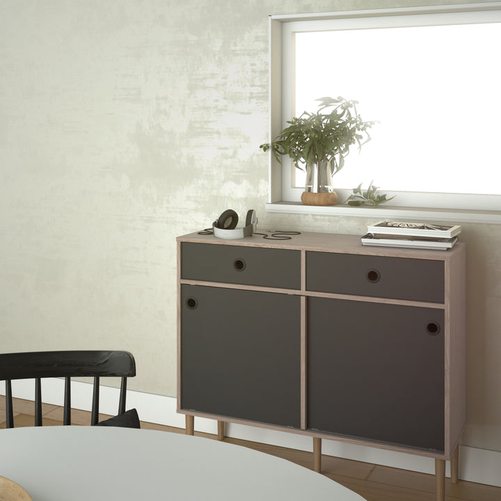 Rome Sideboard 2 Sliding Doors + 2 Drawers in Jackson Hickory Oak with Matt Black - TidySpaces