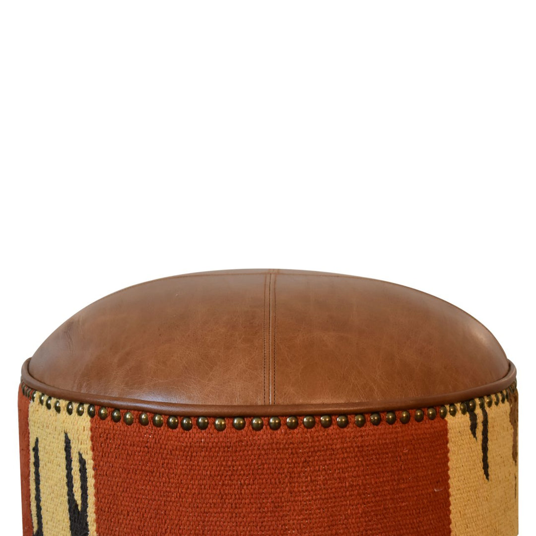 Durrie & Leather Mixed Footstool - TidySpaces